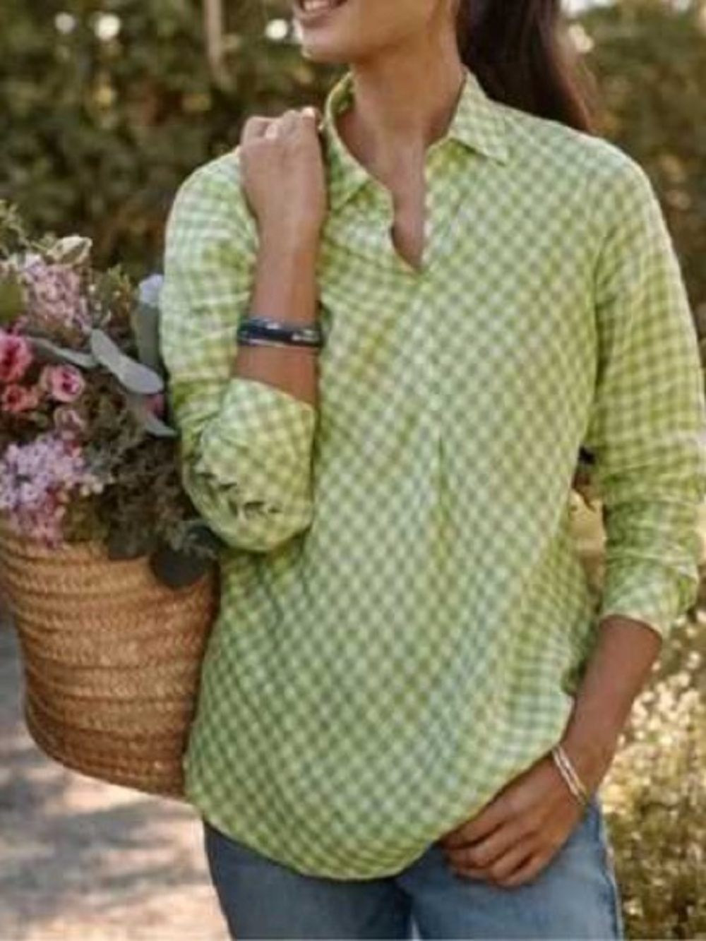 J. Jill Linen Gingham Long Sleeve Collared Top Size medium